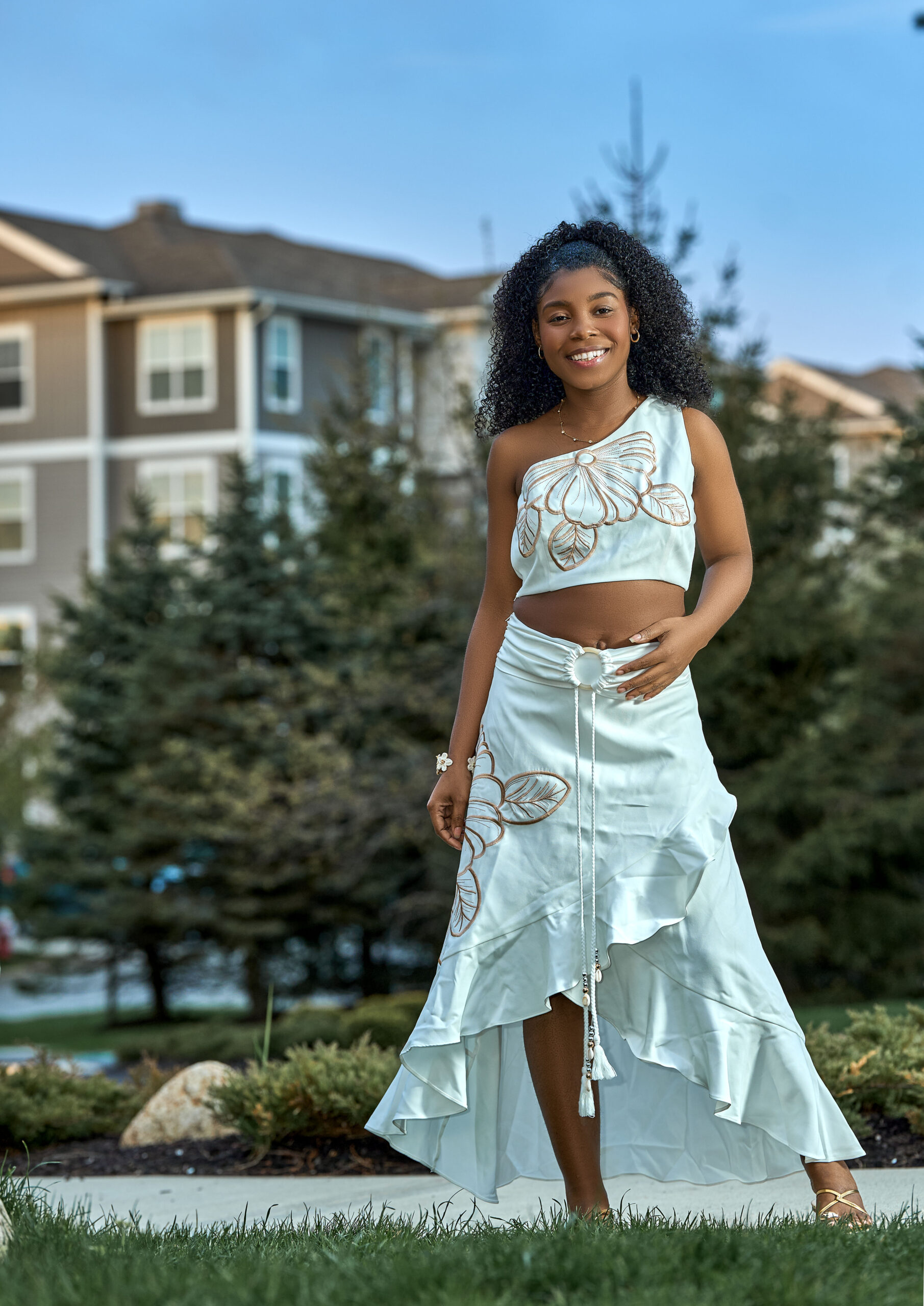 Outdoor portrait of a woman in a pale blue outfit